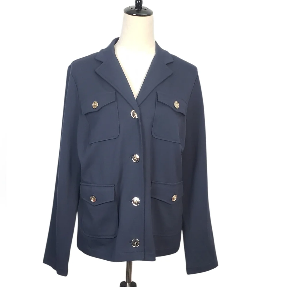 J. Jill Wearever Button Front Jacket Pockets Navy Blue Sz M Career Classic - Picture 3 of 14